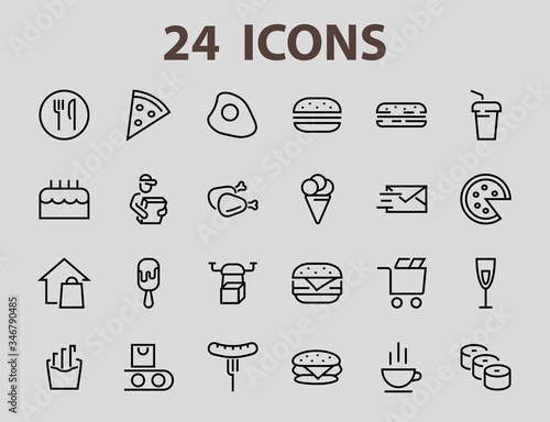   A simple set of fast food icons related to the vector line. Contains icons such as pizza, burger, sushi, bike, scrambled eggs and more. EDITABLE stroke. 480x480 pixels perfect, EPS 10