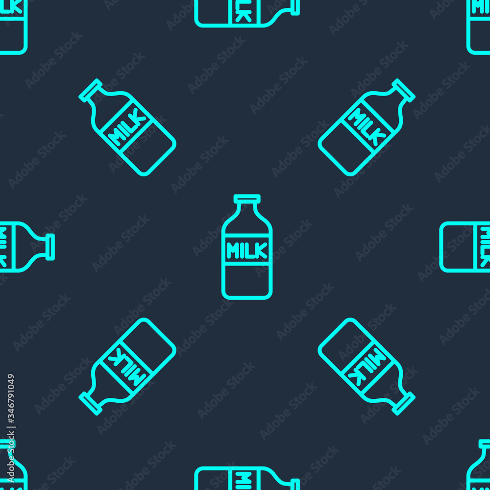 Green line Closed glass bottle with milk icon isolated seamless pattern on blue background. Vector Illustration Green line Closed glass bottle with milk icon isolated seamless pattern on blue background. Vector Illustration
