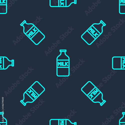 Green line Closed glass bottle with milk icon isolated seamless pattern on blue background. Vector Illustration