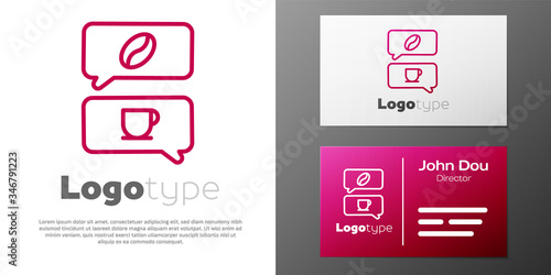 Logotype line Coffee and conversation icon isolated on white background. Coffee talk. Speech bubbles chat. Logo design template element. Vector Illustration