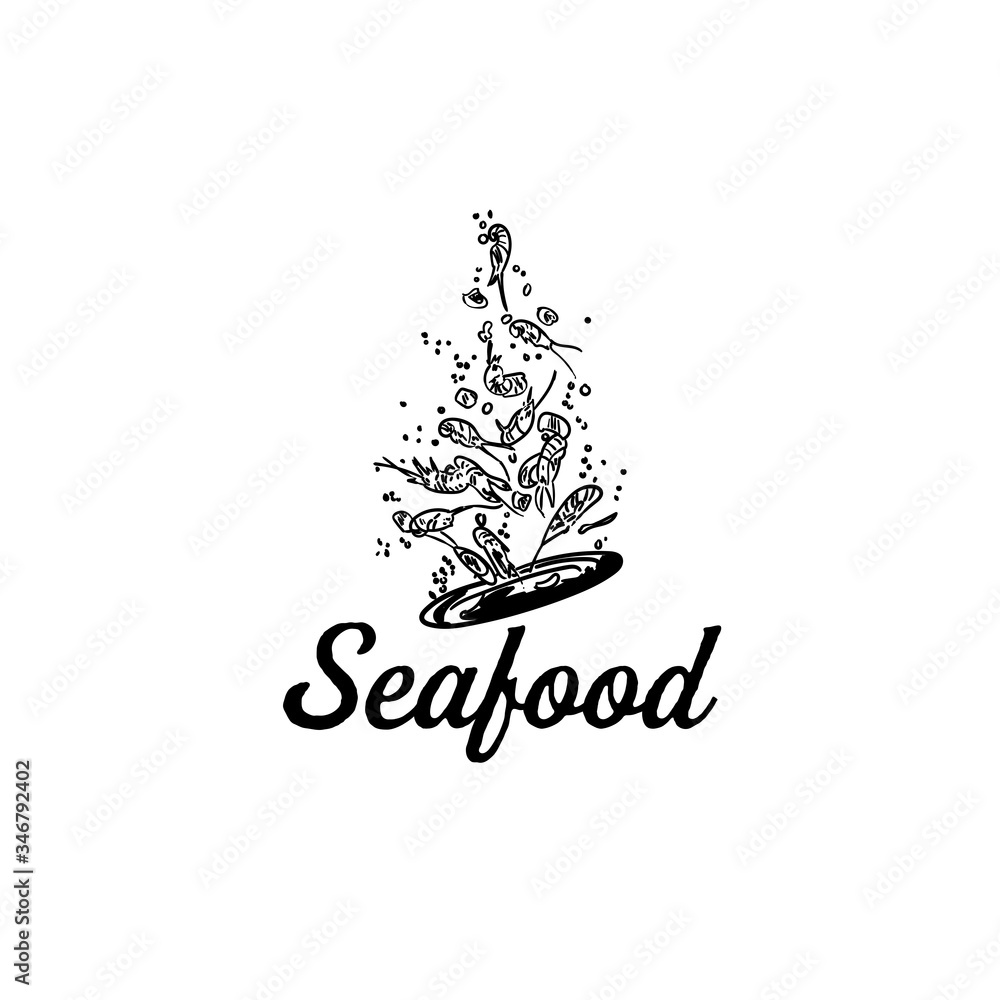 Hand drawn vector illustration - Wok pan chinese noodles tomato pepper shrimp olive basil etc. Asian fast food. Perfect for leaflets cards posters prints menu booklets Hand drawn vector illustration - Wok pan chinese noodles tomato pepper shrimp olive basil etc. Asian fast food. Perfect for leaflets cards posters prints menu booklets