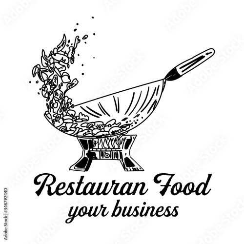 Hand drawn vector illustration - Wok pan, chinese noodles, tomato, pepper, shrimp, olive, basil etc. Asian fast food. Perfect for leaflets, cards, posters, prints, menu, booklets