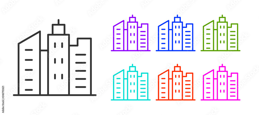 Black line City landscape icon isolated on white background. Metropolis architecture panoramic landscape. Set icons colorful. Vector Illustration