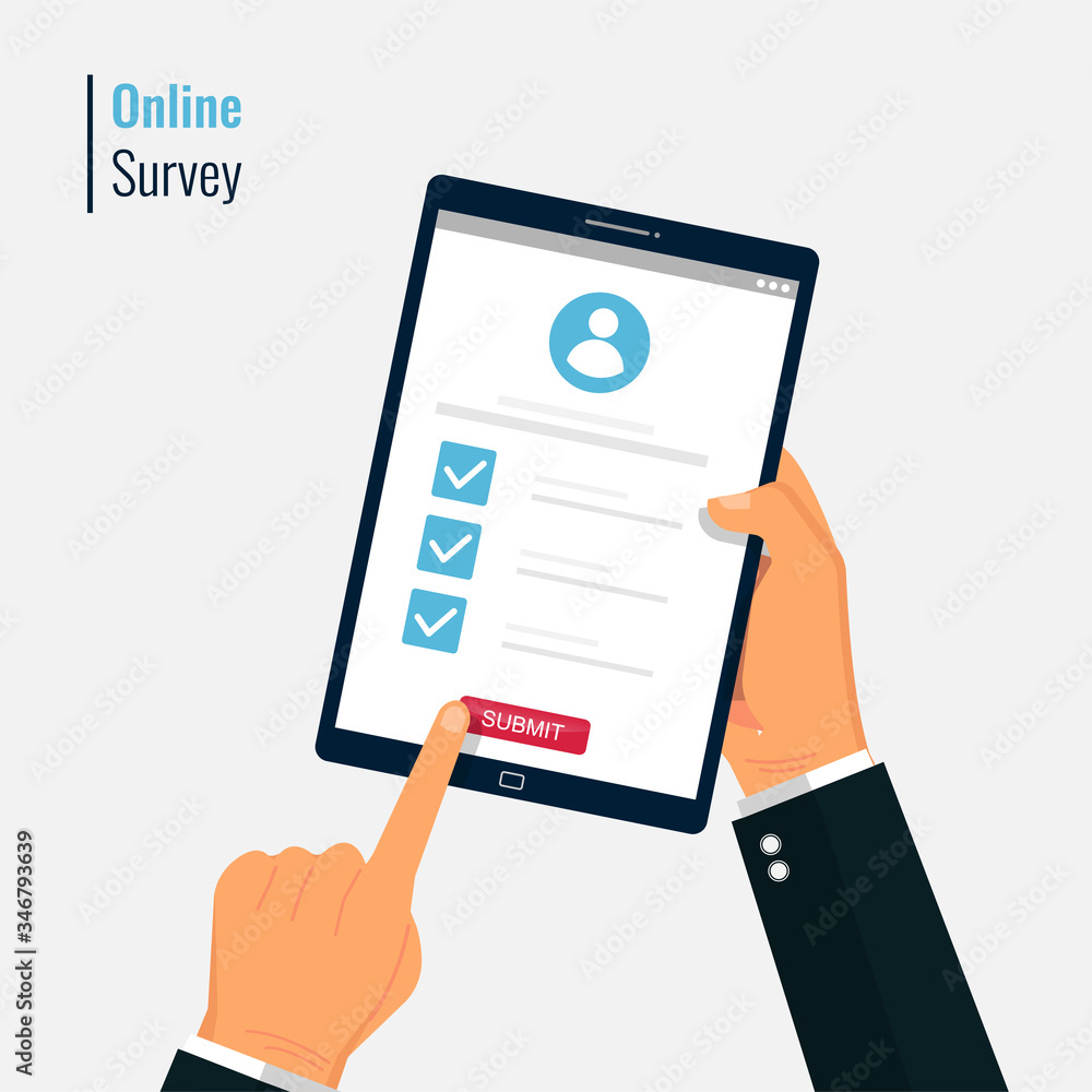 Survey form online vector illustration. Hand holding and fill questionnaire on tablet screen. quiz form idea, interview assessment, passed questionnaire, isolated on color background. Survey form online vector illustration. Hand holding and fill questionnaire on tablet screen. quiz form idea, interview assessment, passed questionnaire, isolated on color background.