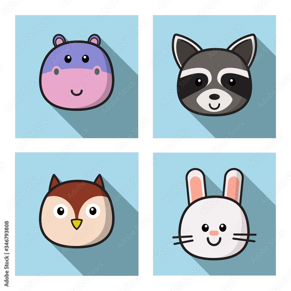 Set Of Cute Cartoon Animals Face Isolated . Vector Flat Design Illustration  from Front. Suitable for Web site page, Mobile app and Social Media. Stock  Vector | Adobe Stock