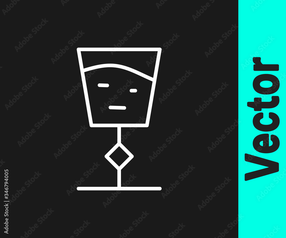 White line Wine glass icon isolated on black background. Wineglass sign. Vector Illustration