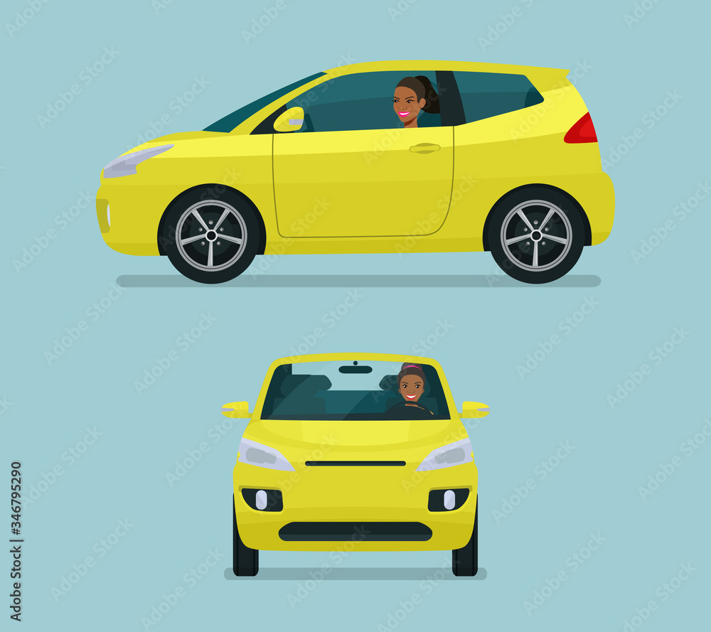 Micro car two angle set. Car with driver afro american woman, side view and front view. Vector flat style illustration.