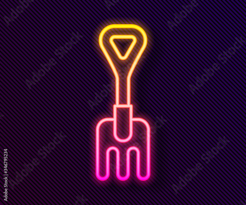 Glowing neon line Garden rake icon isolated on black background. Tool for horticulture, agriculture, farming. Ground cultivator. Vector Illustration