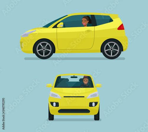 Micro car two angle set. Car with driver afro american woman, side view and front view. Vector flat style illustration.