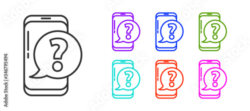 Black line Mobile phone with question icon isolated on white background. Set icons colorful. Vector Illustration