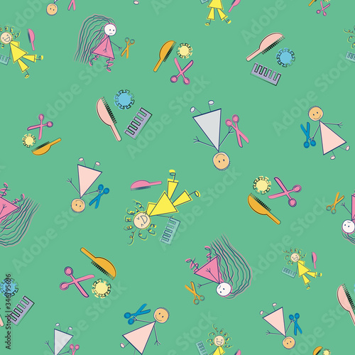 Unkempt hair vector seamless pattern background. Funny infographic Covid 19 quarantine yellow backdrop sketch with stick women, scissors brush. Colorful all over print for isolation self care concept.