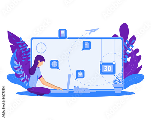 vector illustration of a woman working in front of a laptop. work at home. accompanied by a pet cat.