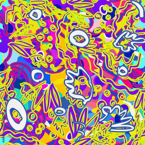 Geometric pattern fiction psychedelic. Neon current shapes vibrant. Vivid tropical flowers. Abstract vector pattern suitable for printing children's prints on textiles, fabrics, clothes, boys, girls.