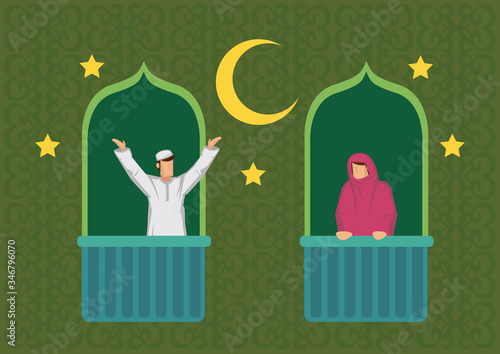 Muslim couple with crescent moon, stars and a texture green background. Ramadan fasting or Hari Raya concept. photo