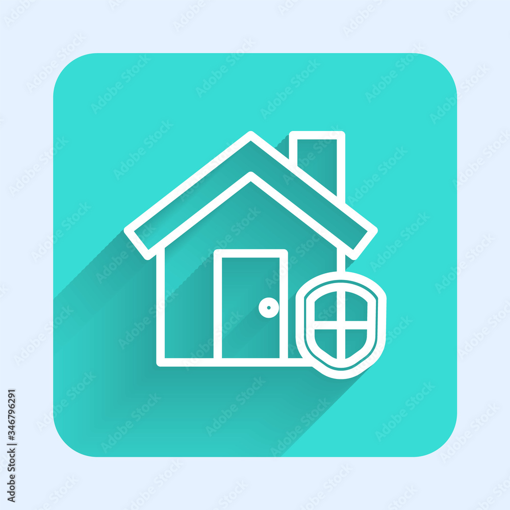 White line House under protection icon isolated with long shadow. Home and shield. Protection, safety, security, protect, defense concept. Green square button. Vector Illustration White line House under protection icon isolated with long shadow. Home and shield. Protection, safety, security, protect, defense concept. Green square button. Vector Illustration