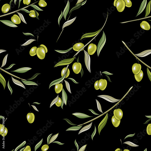 Branches with green olives on black background. Hand drawn. Seamless pattern for design natural organic cosmetics, wrapping paper, soap, olive oil. Vector stock illustration.