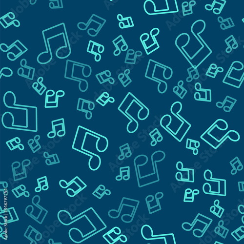 Green line Music note, tone icon isolated seamless pattern on blue background. Vector Illustration