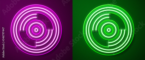Glowing neon line Vinyl disk icon isolated on purple and green background. Vector Illustration