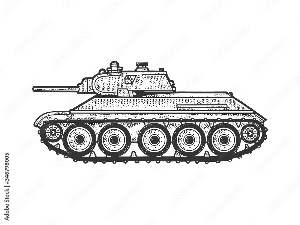 T-34 Soviet medium tank sketch engraving vector illustration. T-shirt apparel print design. Scratch board imitation. Black and white hand drawn image. T-34 Soviet medium tank sketch engraving vector illustration. T-shirt apparel print design. Scratch board imitation. Black and white hand drawn image.