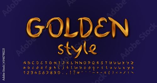 Golden style alphabet handwritten typeface golden colored. Uppercase and lowercase letters, numbers, symbols. Gradient background Navy blue colors. Vector illustration