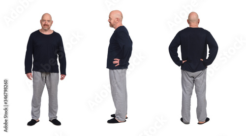 rear view, front and side view of a man with pajamas