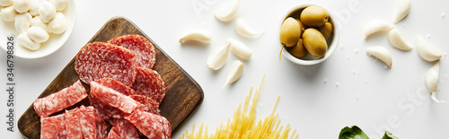 Panoramic crop of meat platter, garlic and bowls with olives and mozzarella on white background photo