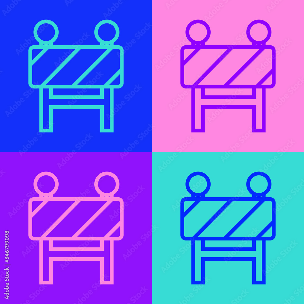 Pop art line Road barrier icon isolated on color background. Symbol of restricted area which are in under construction processes. Repair works. Vector Illustration Pop art line Road barrier icon isolated on color background. Symbol of restricted area which are in under construction processes. Repair works. Vector Illustration