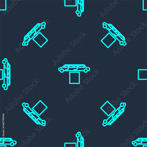 Green line Luxury limousine car and carpet icon isolated seamless pattern on blue background. For world premiere celebrities and guests poster. Vector Illustration