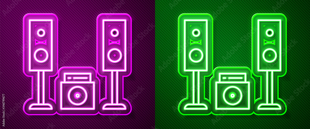 Glowing neon line Home stereo with two speaker s icon isolated on purple and green background. Music system. Vector Illustration Glowing neon line Home stereo with two speaker s icon isolated on purple and green background. Music system. Vector Illustration