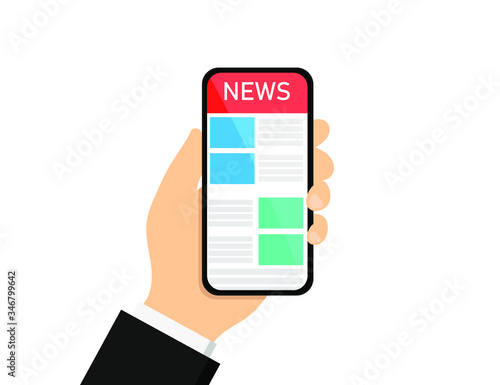 Businessman hand holding smartphone to read and watch news on screen, business concept, Flat design vector illustration.