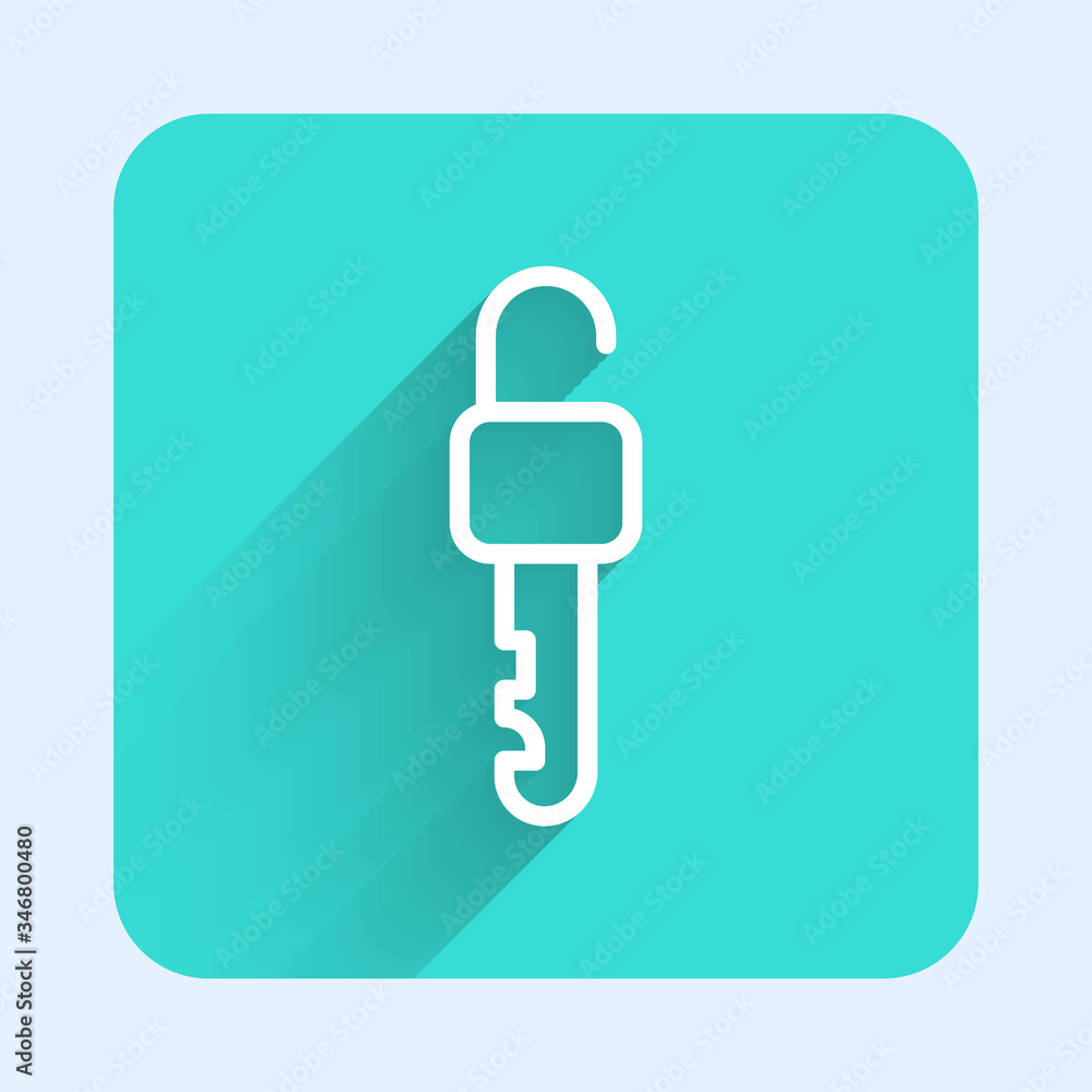 White line Unlocked key icon isolated with long shadow. Green square button. Vector Illustration White line Unlocked key icon isolated with long shadow. Green square button. Vector Illustration