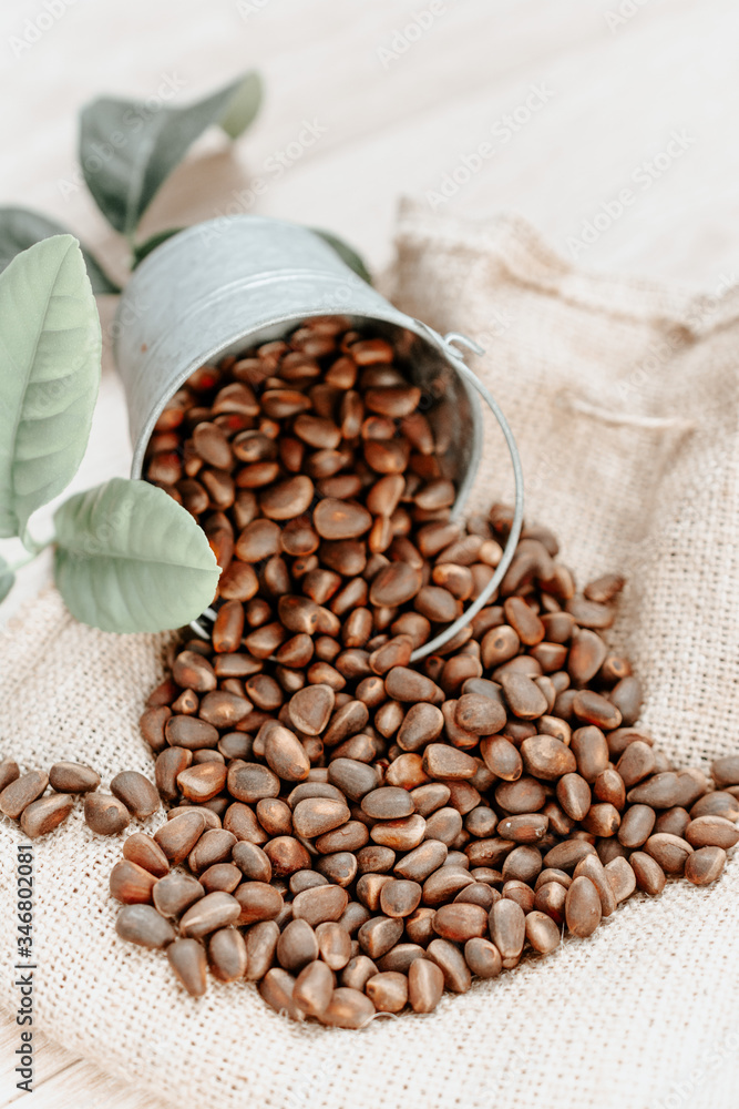 raw pine nuts spilled across the table. concept of harvesting in a small bucket raw pine nuts spilled across the table. concept of harvesting in a small bucket