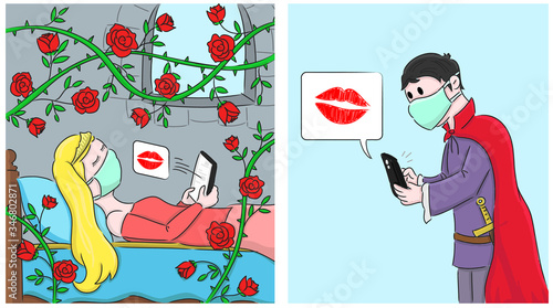 Sleeping Beauty and princ wears a protective medical mask to prevent the Covid-19 virus and maintains social distancing. Coronavirus, social isolation and quarantine concept.
