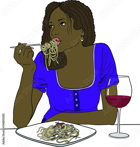 Afro american girl eat spaghetti with glass of wine. Hand drawn vector illustration of pretty african american woman eats paste, large plate of instant noodles. Isolated on white background. Cartoon