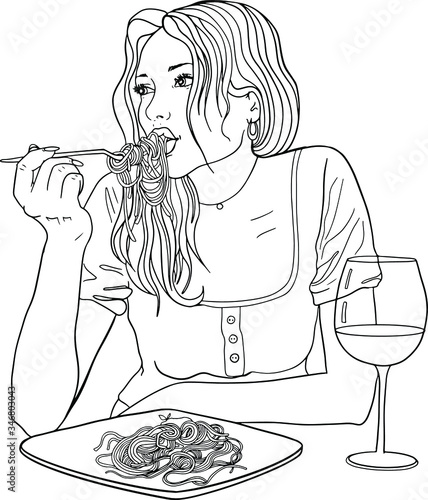 Beautiful girl eat spaghetti with glass of wine. Hand drawn vector line art of pretty woman eats paste, plate of instant noodles. Isolated on white background. Trendy outline fashion glamour girl.