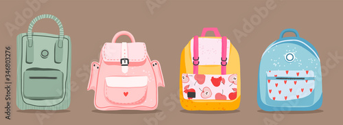 Cute hand-drawn backpacks. Variety of cartoony isolated backpacks on a light brown background. Back to school and education concept. Children's school bags.