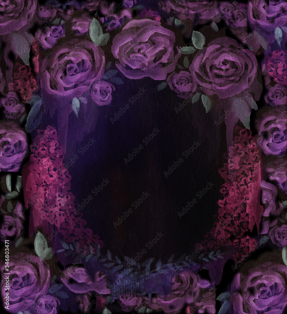 Purple roses frame. Hand-drawn, watercolor flowers border. Isolated on ...