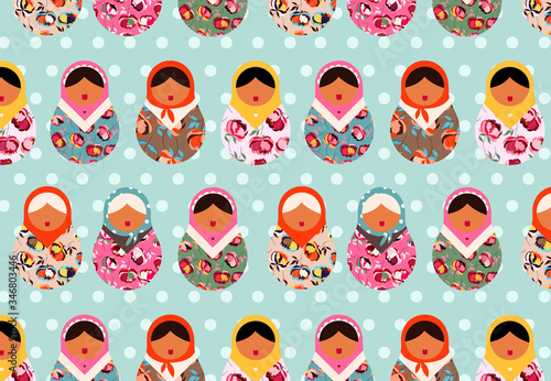Russian Matryoshka doll pattern. Beautiful vector dolls on a pastel blue background. Wallpaper, stationery, and textile design. Russian folklore and traditions.