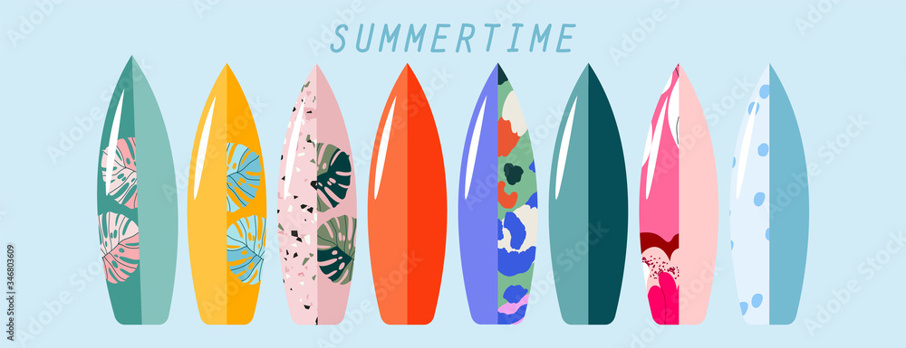 Standing surfboard set. Variety of isolated hand-drawn vector surfing boards. Summer sports and activities conceptual illustration. Trendy design for web and print.