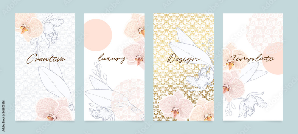 Social media stories and post vector background template with copy space for text and images design by abstract pink and Gold shapes, line arts ,flower, Japanese Cover, invitation design background.