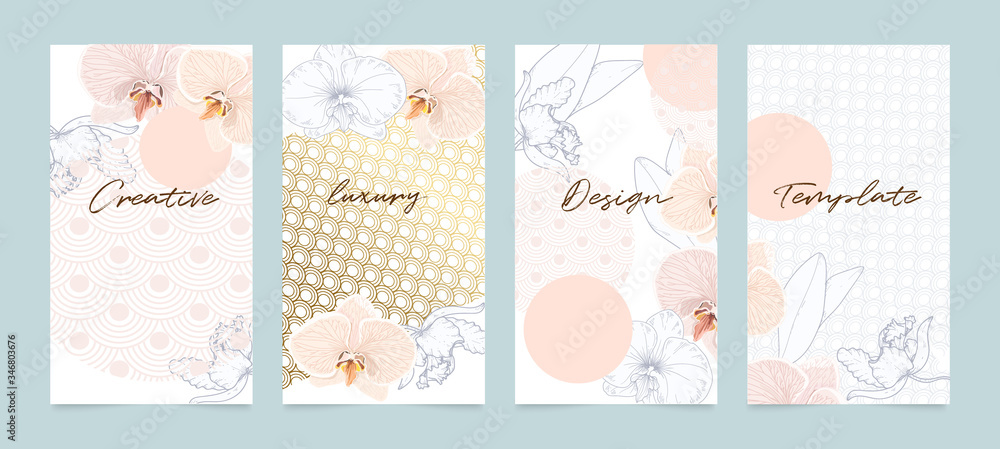 Social media stories and post vector background template with copy space for text and images design by abstract pink and Gold shapes, line arts ,flower, Japanese Cover, invitation design background.