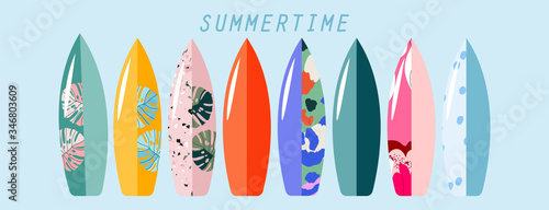 Standing surfboard set. Variety of isolated hand-drawn vector surfing boards. Summer sports and activities conceptual illustration. Trendy design for web and print. © Lena Lapina