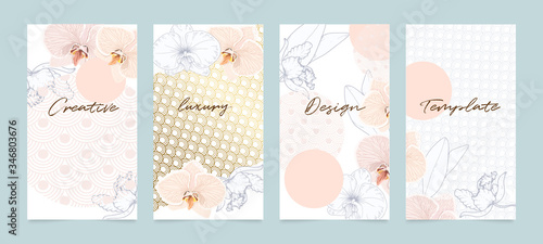 Social media stories and post vector background template with copy space for text and images design by abstract pink and Gold shapes, line arts ,flower, Japanese Cover, invitation design background.