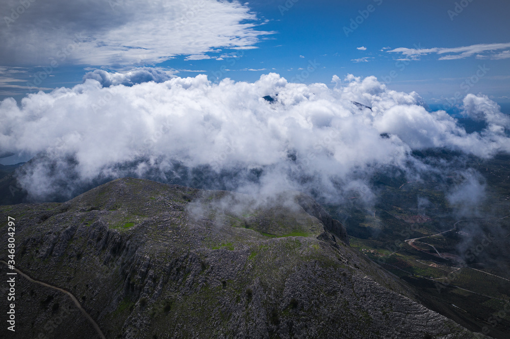 Cloudy foggy mountains landscape view of Exo Mani near Areopoli, Peleponnes, Greece