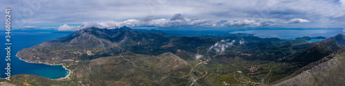 Wide panorama from mountains near Areopoli  Peleponnes  Mani  Greece