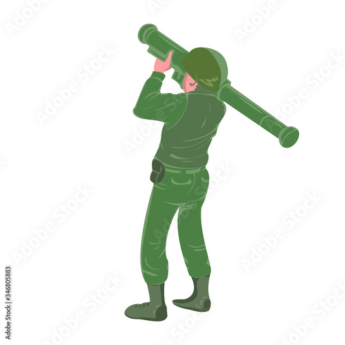 Military soldier holding and aiming rocket launcher . War zone battle sign or symbol. Heavy weapon. Ballistic missile explosion.