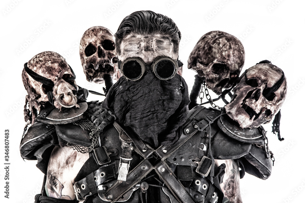 Survived in nuclear disaster mutant bandit or underground human creature, wearing rags and human skulls on shoulders Survived in nuclear disaster mutant bandit or underground human creature, wearing rags and human skulls on shoulders