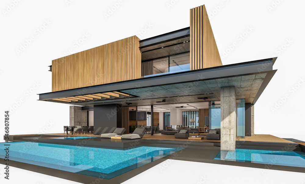 Fototapeta premium 3d rendering of modern cozy house with parking and pool for sale or rent with wood plank facade. Isolated on white