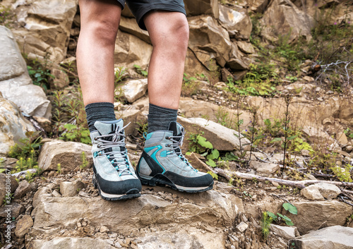 female legs in hiking boots