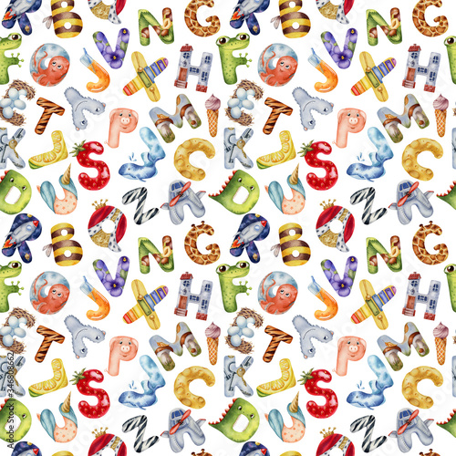 Watercolor seamless pattern with english kids alphabet on a white background. Hand painted watercolor illustration.